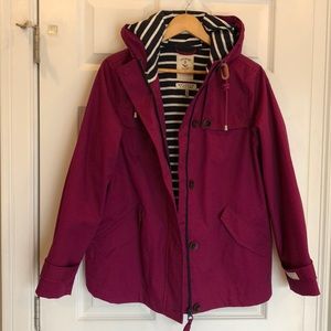 Joules waterproof jacket. Berry striped hood.